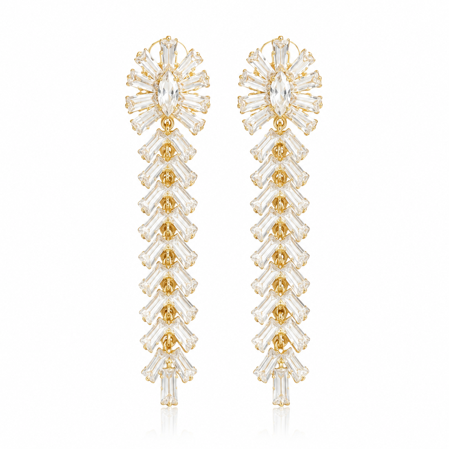 18K Sparkling Cubic Zirconia Stone Sunburst Baguette Earrings