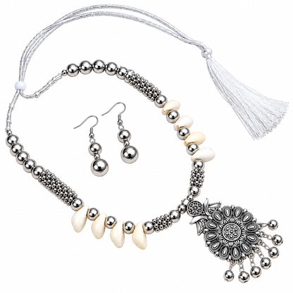 Oxidized Silver Curved Teardrop Pendant Set for Girls & Women