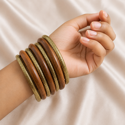 Classic Wooden & Gold-Toned Ethnic Bangle Set for Girls & Women's
