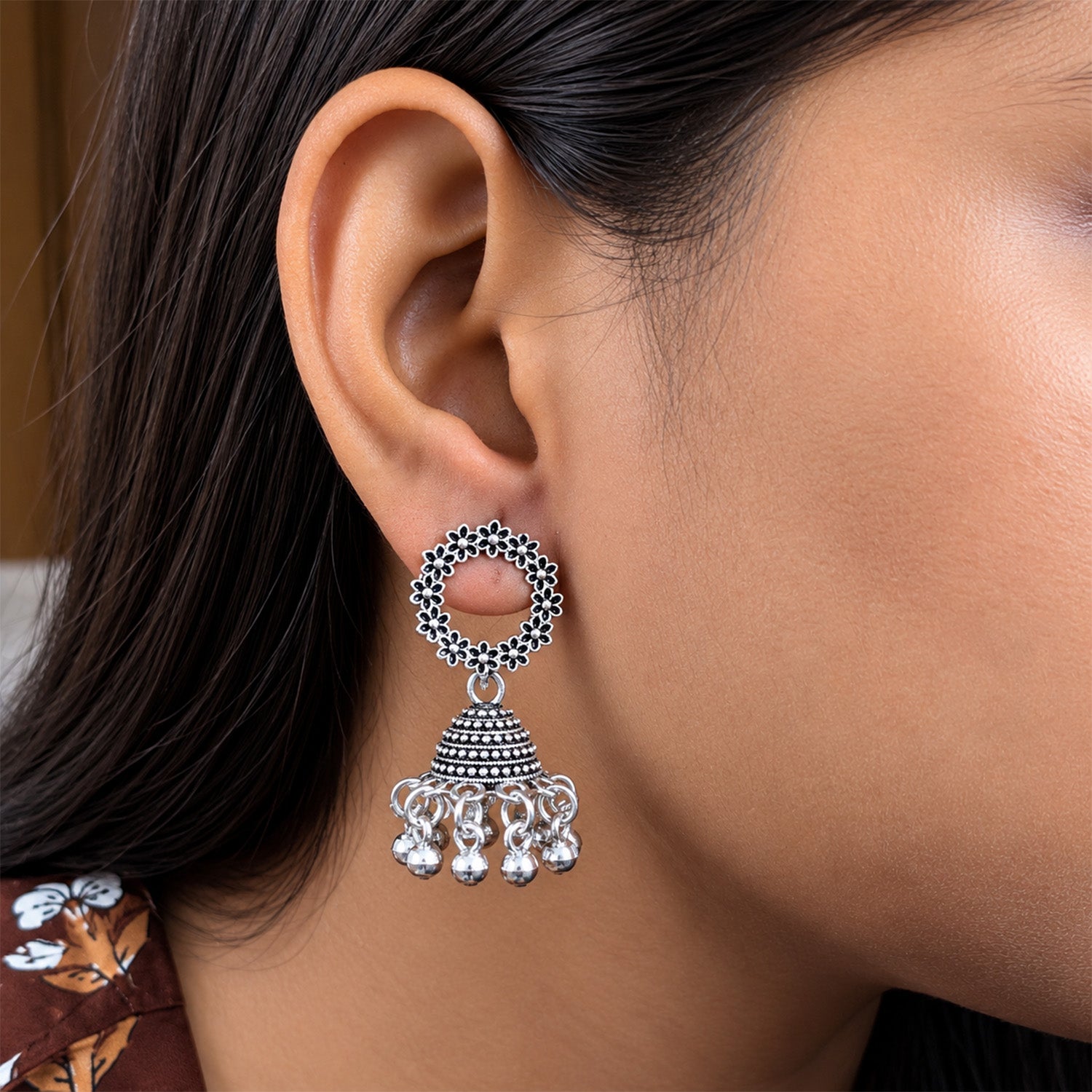 Oxidized Floral Hoop Design Earrings for Girls & Women's