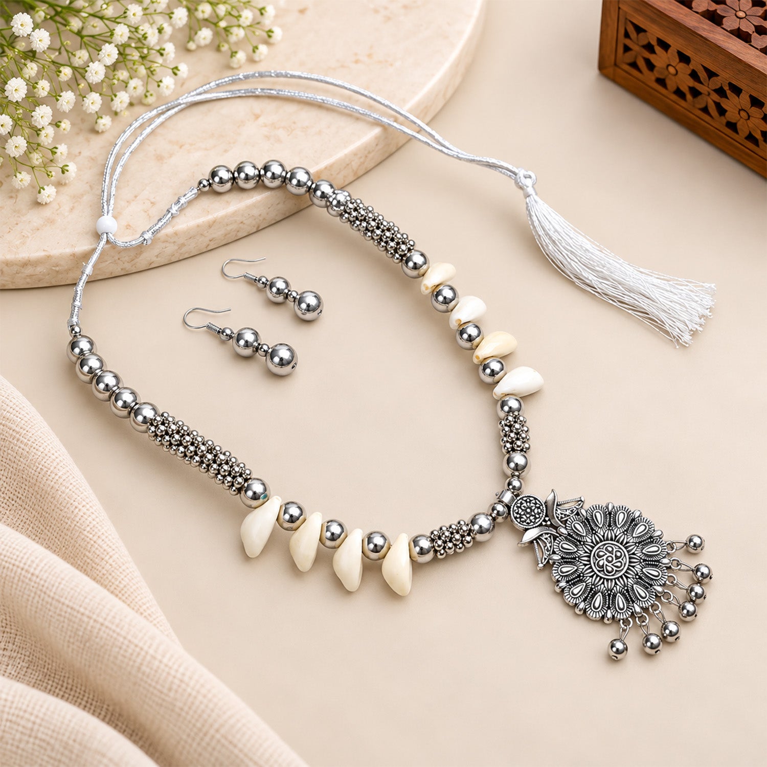 Oxidized Silver Curved Teardrop Pendant Set for Girls & Women