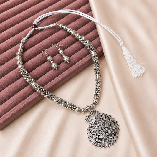 Oxidized Silver Intricate Peacock Pendant Set for Girls & Women