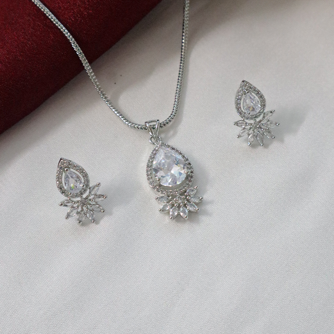 Elegant Crystal Tear Drop American Diamond Pendant Set