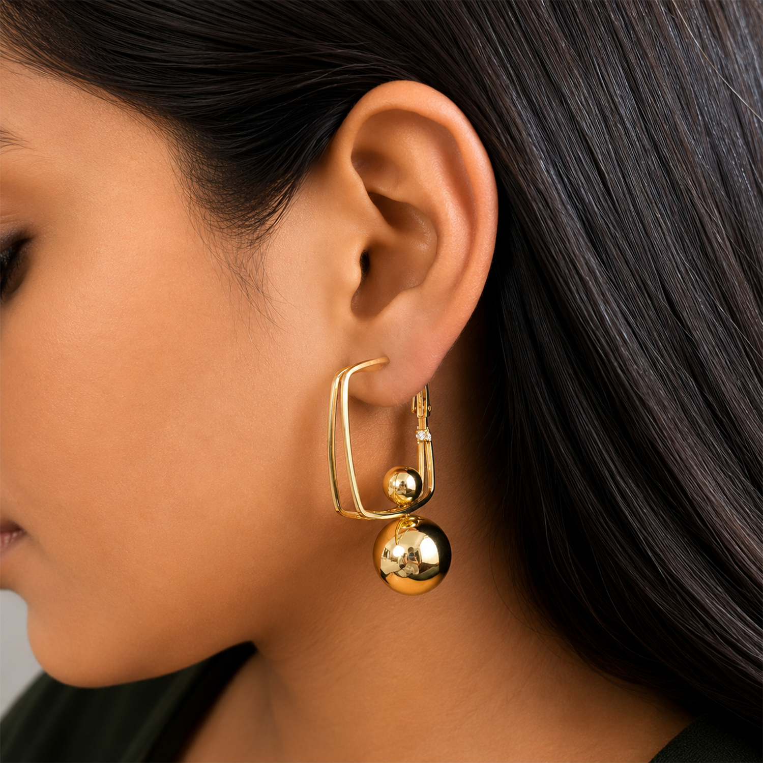Dual Ball Square Hoop Earrings for Women & Girls