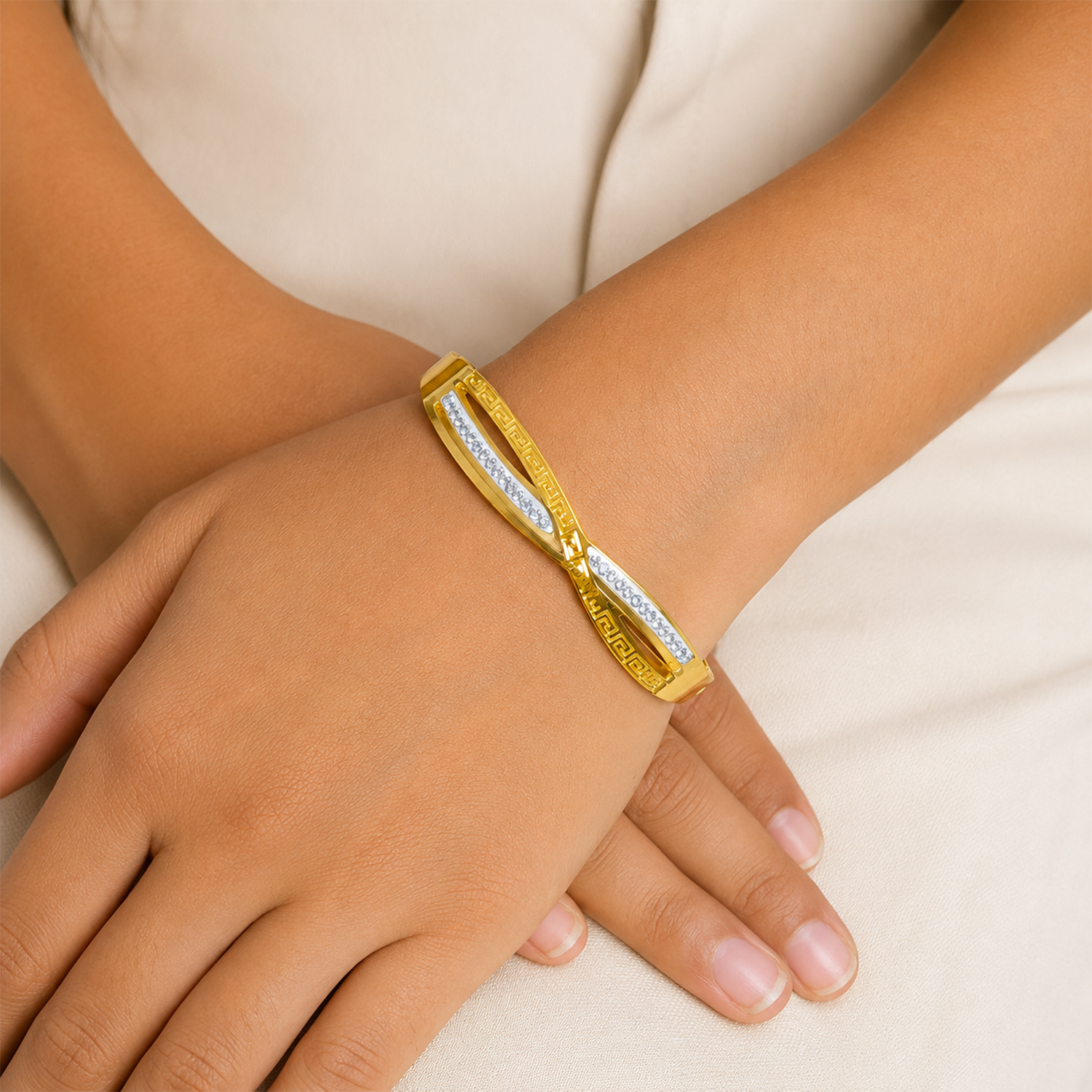 Dual Line Greek Key Design Hinged Cuff Bracelet for Girls & Women