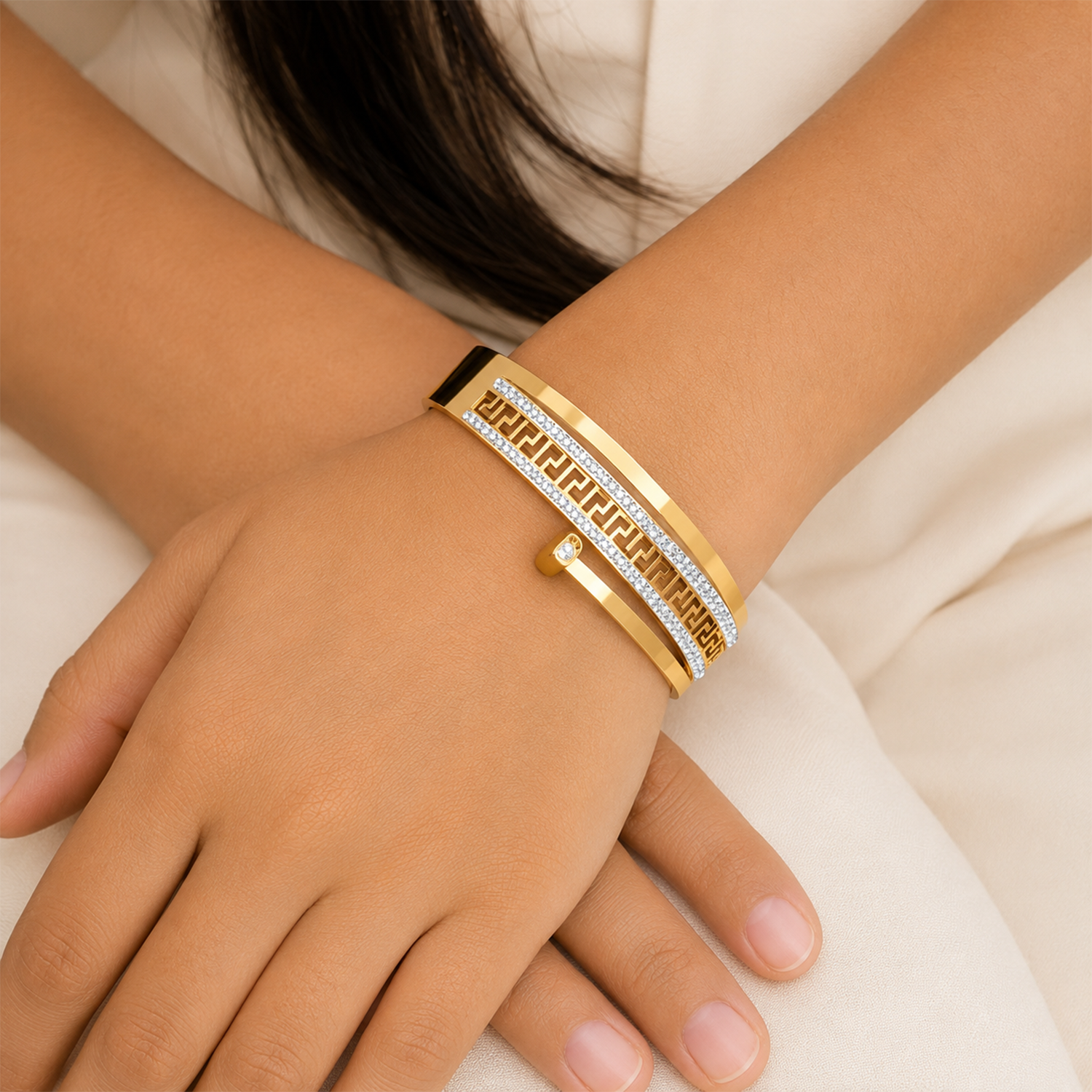 Greek Key Meander Design Sparkling Ad Stone Bracelet for Girls & Women