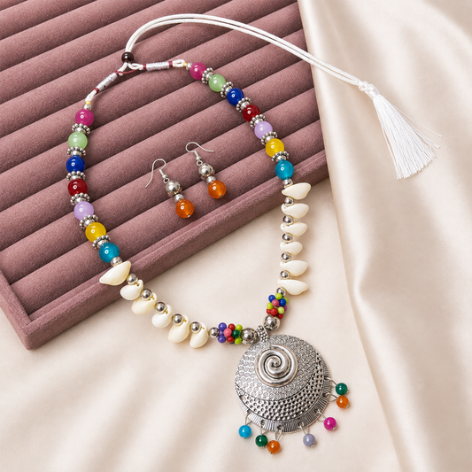 Oxidized Spiral Disc Pendant Set with Multicolor Bead Drops