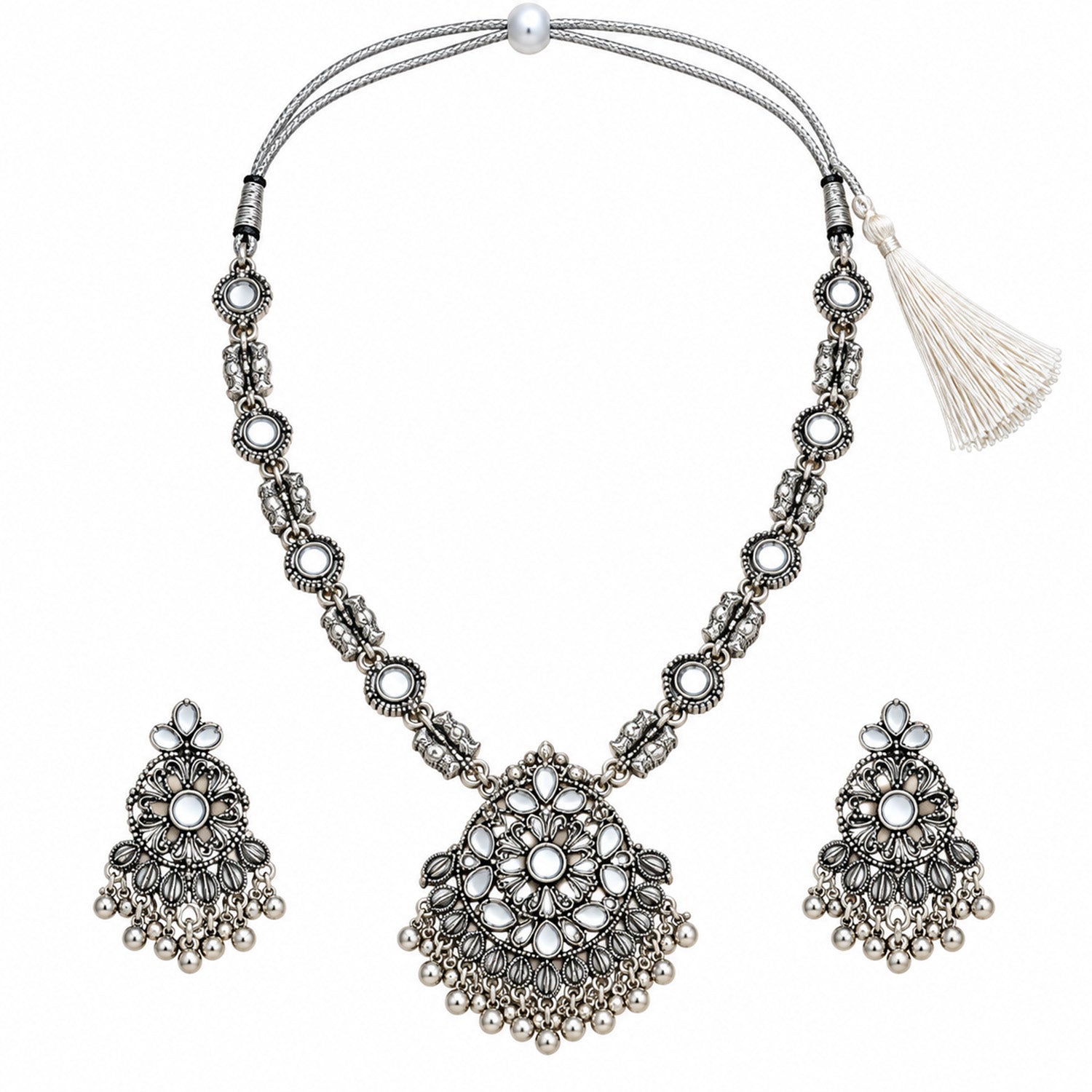 Oxidized Silver-Toned Ethnic Pendant Set for Girls & Women