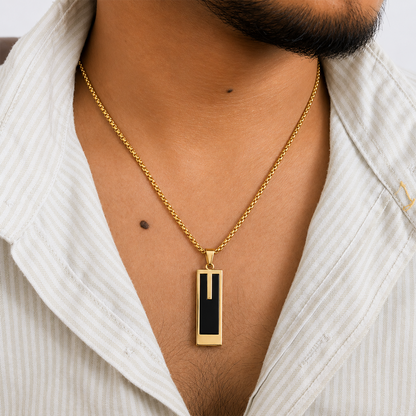 Trendy Roman Rectangular Pendant With Golden Tone Chain For Men & Boys