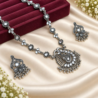 Oxidized Silver-Toned Peacock Pendant Set for Girls & Women