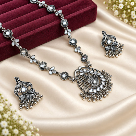 Oxidized Silver-Toned Peacock Pendant Set for Girls & Women