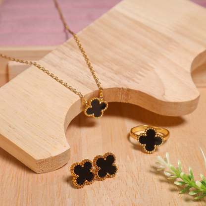 18K Gold Plated Clover Pendant Necklace With Earrings and Ring (Anti-Tarnish)