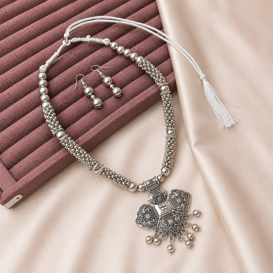 Oxidized Silver Ornate Pendant Set for Girls & Women