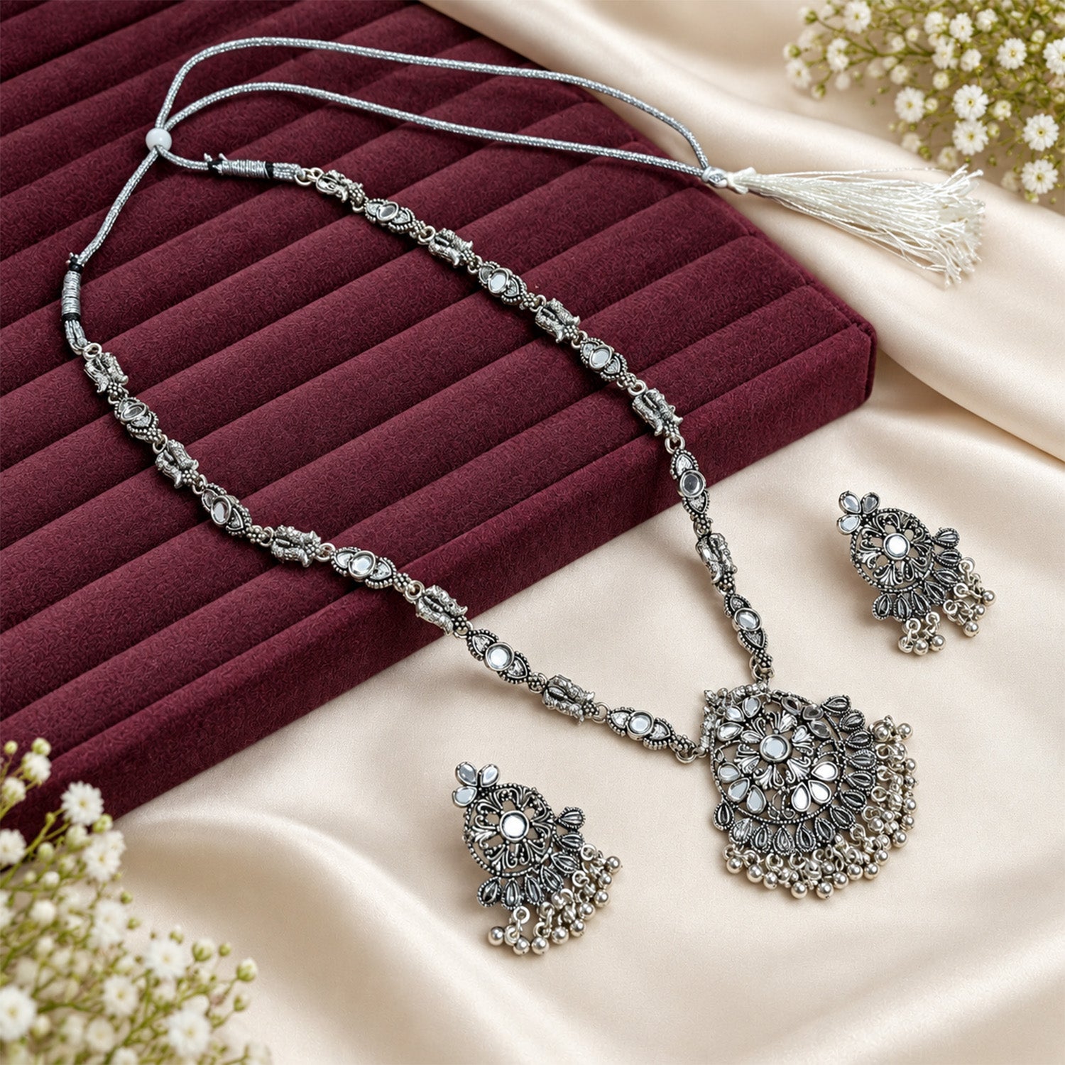 Oxidized Silver-Toned Ethnic Pendant Set for Girls & Women