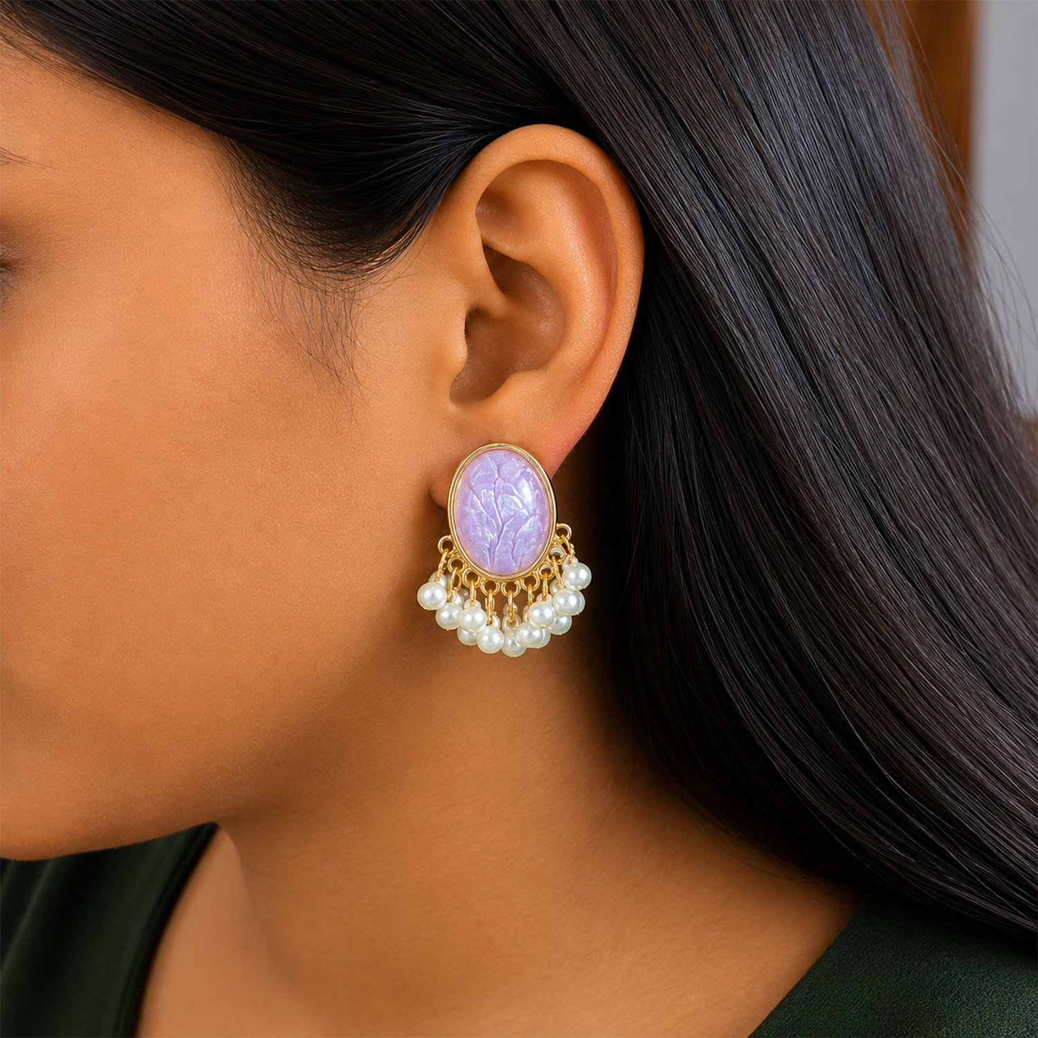 Oval Stone Pearl Stud Earrings with Pearl Tassel for Women & Girls