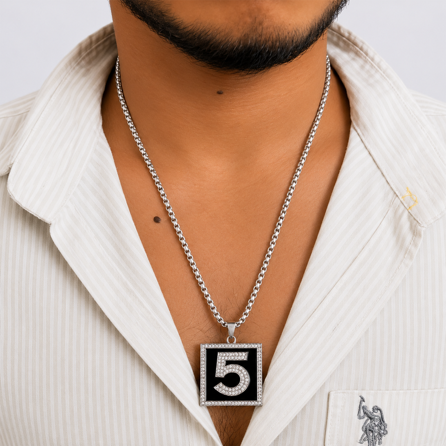 AD Stone Number 5 Square Brass Pendant With Stainless Steel Chain For Men & Boys