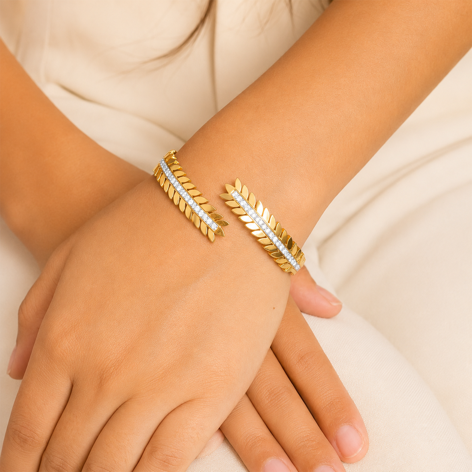 Dual Leaf Design Cuff Ad Stone Bracelet for Girls & Women