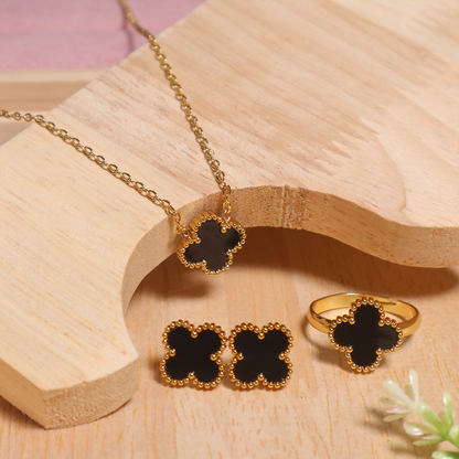 18K Gold Plated Clover Pendant Necklace With Earrings and Ring (Anti-Tarnish)