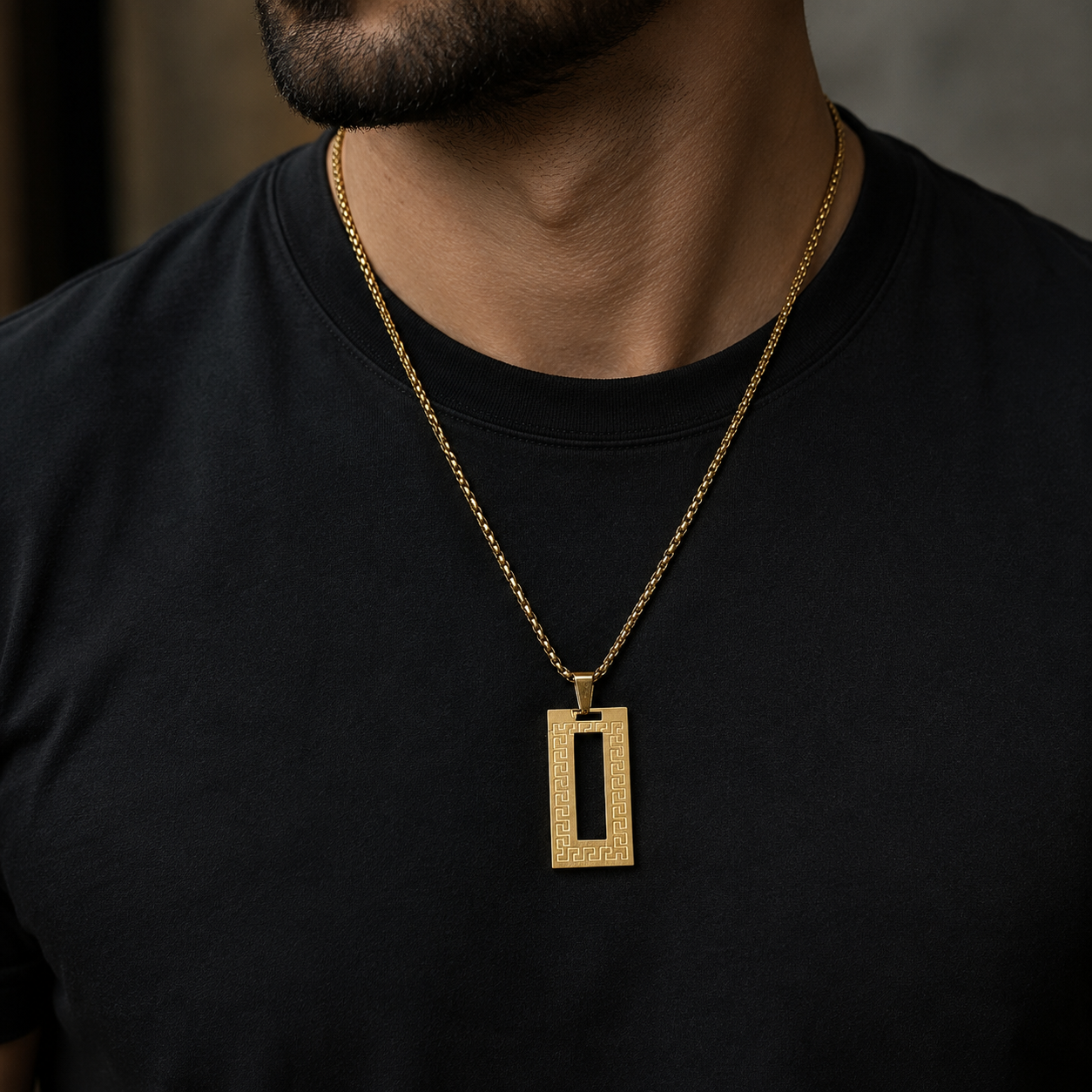 Greek Key Pattern Rectangular Pendant With Chain For Men & Boys