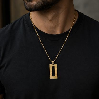 Greek Key Pattern Rectangular Pendant With Chain For Men & Boys