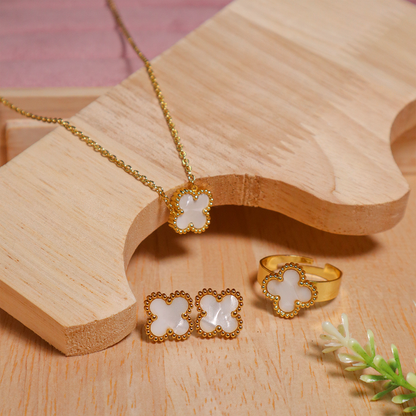 18K Gold Plated Clover Pendant Necklace With Earrings and Ring (Anti-Tarnish)