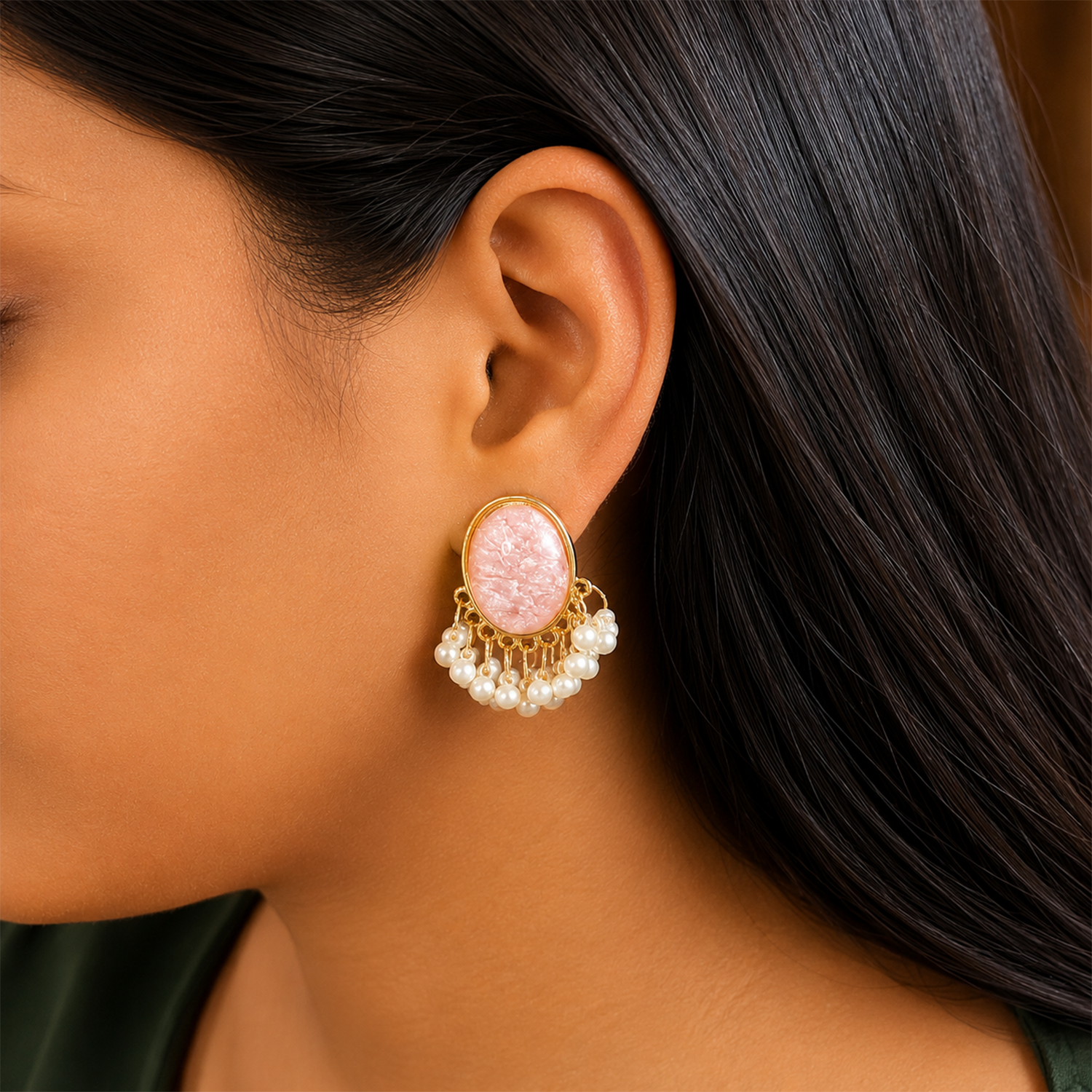 Oval Stone Pearl Stud Earrings with Pearl Tassel for Women & Girls