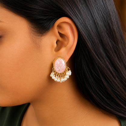 Oval Stone Pearl Stud Earrings with Pearl Tassel for Women & Girls