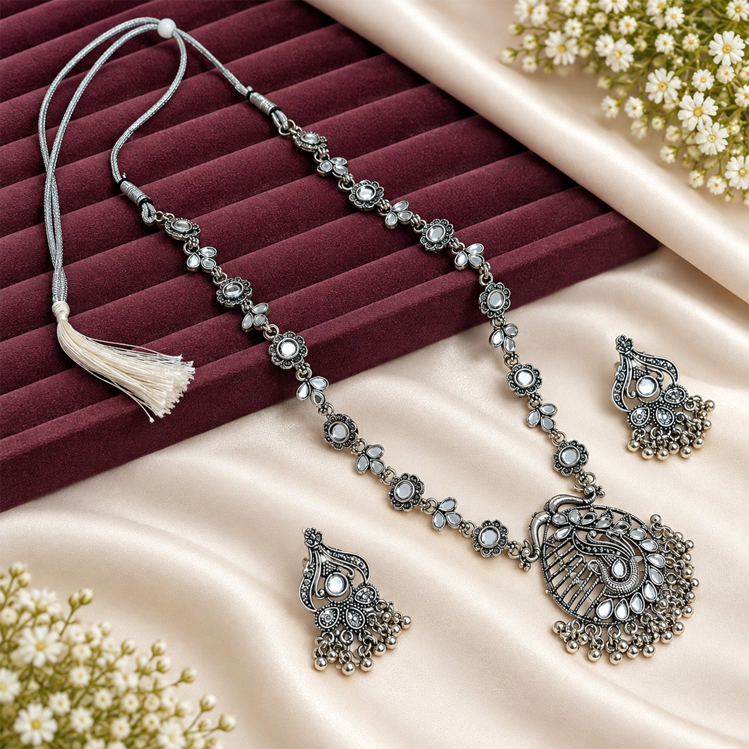 Oxidized Silver-Toned Peacock Pendant Set for Girls & Women
