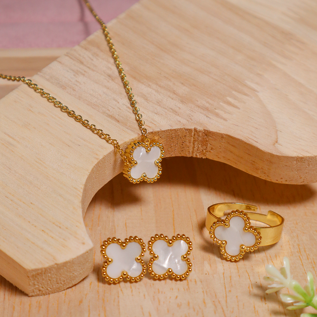 18K Gold Plated Clover Pendant Necklace With Earrings and Ring (Anti-Tarnish)