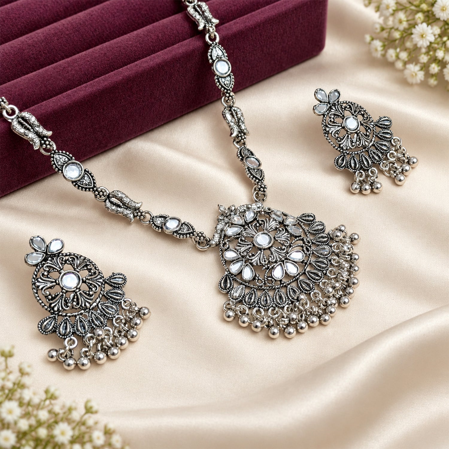 Oxidized Silver-Toned Ethnic Pendant Set for Girls & Women