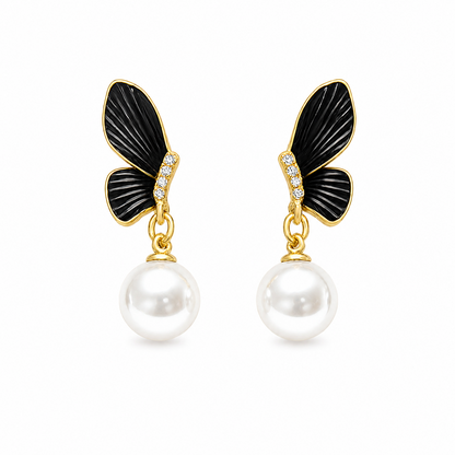 Black Enamel Wings With Crystal Accents Earrings For Girls & Women