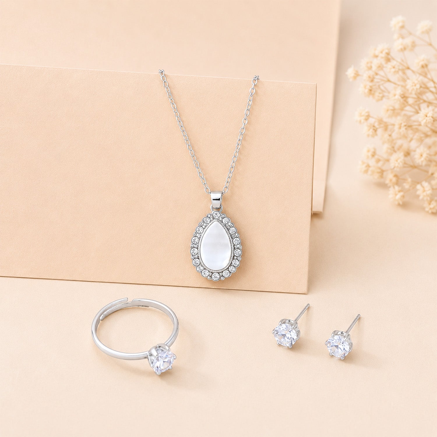 Silver-Tone Teardrop Crystal Rhinestone Jewelry Gift Set for Women