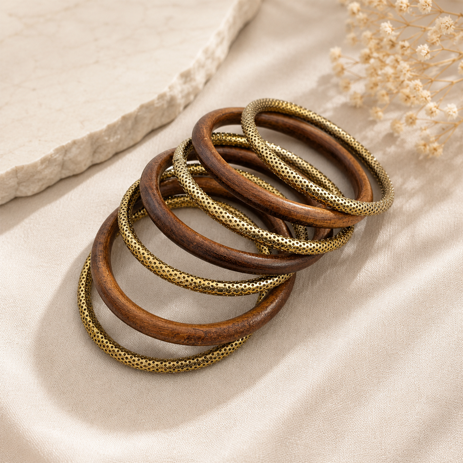 Classic Wooden & Gold-Toned Ethnic Bangle Set for Girls & Women's