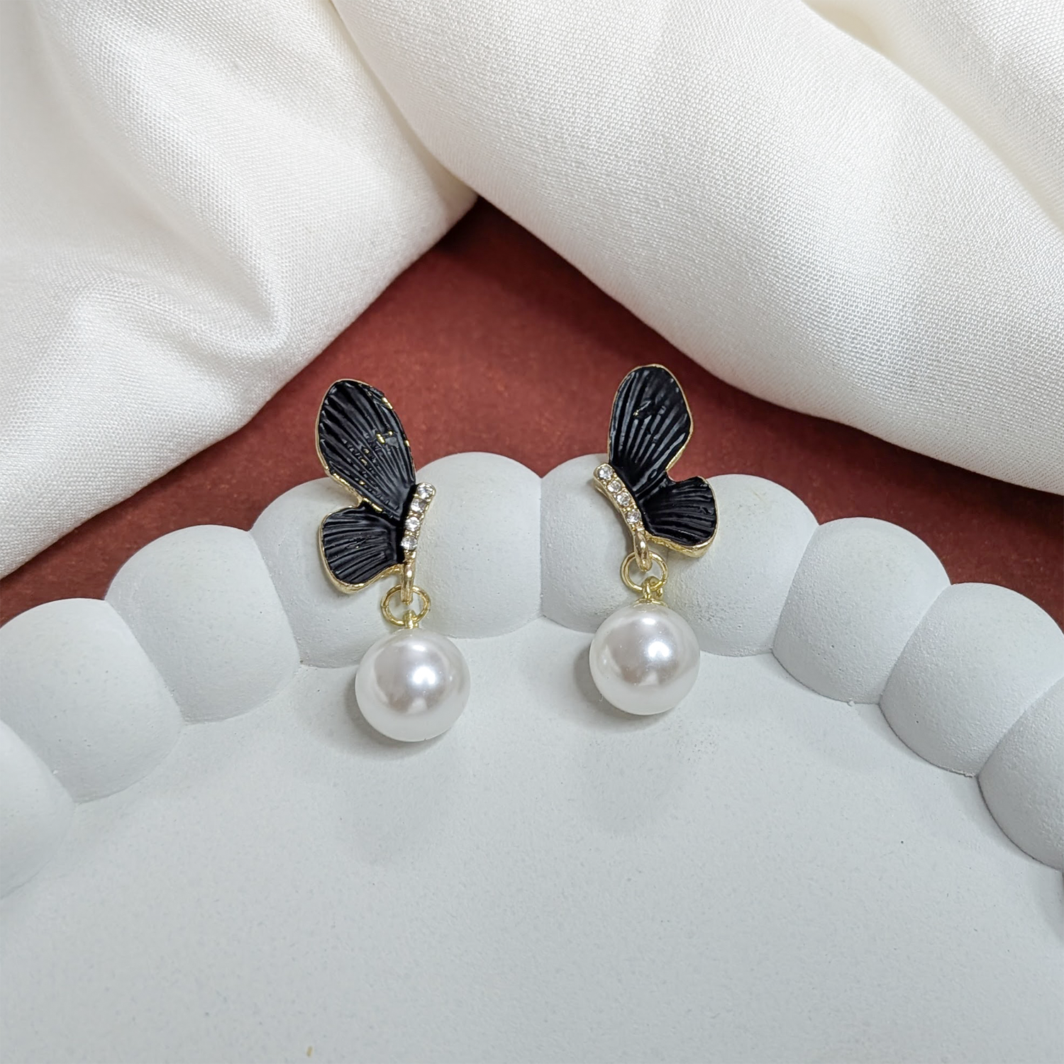Black Enamel Wings With Crystal Accents Earrings For Girls & Women