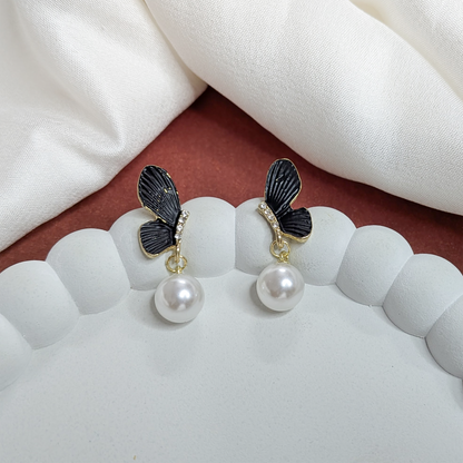 Black Enamel Wings With Crystal Accents Earrings For Girls & Women