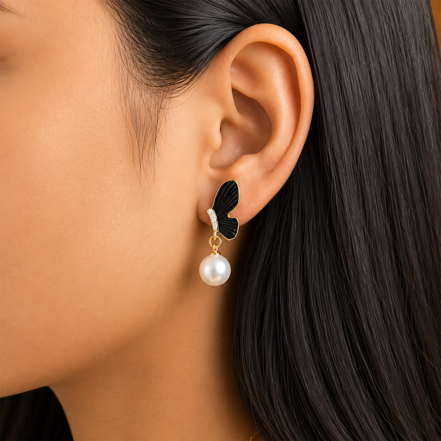 Black Enamel Wings With Crystal Accents Earrings For Girls & Women