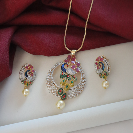 Peacock Majesty American Diamond Pendant Set