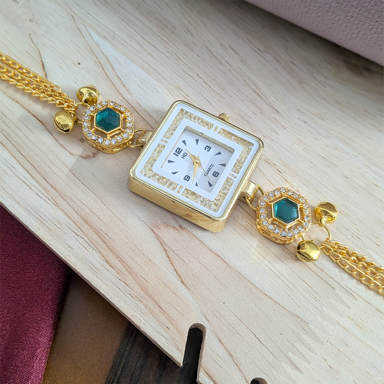 Gold Plated Square Dial Kashimiri Watch with CZ Stone Details