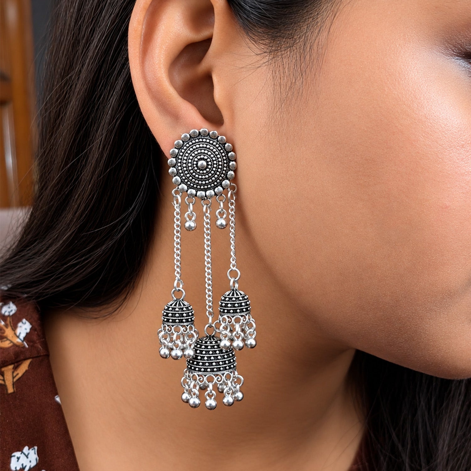 Oxidized Ghungroo Bead Fringes Earrings for Girls & Women's