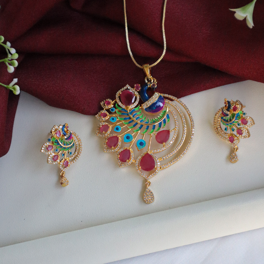 Peacock Prism American Diamond Pendant Set