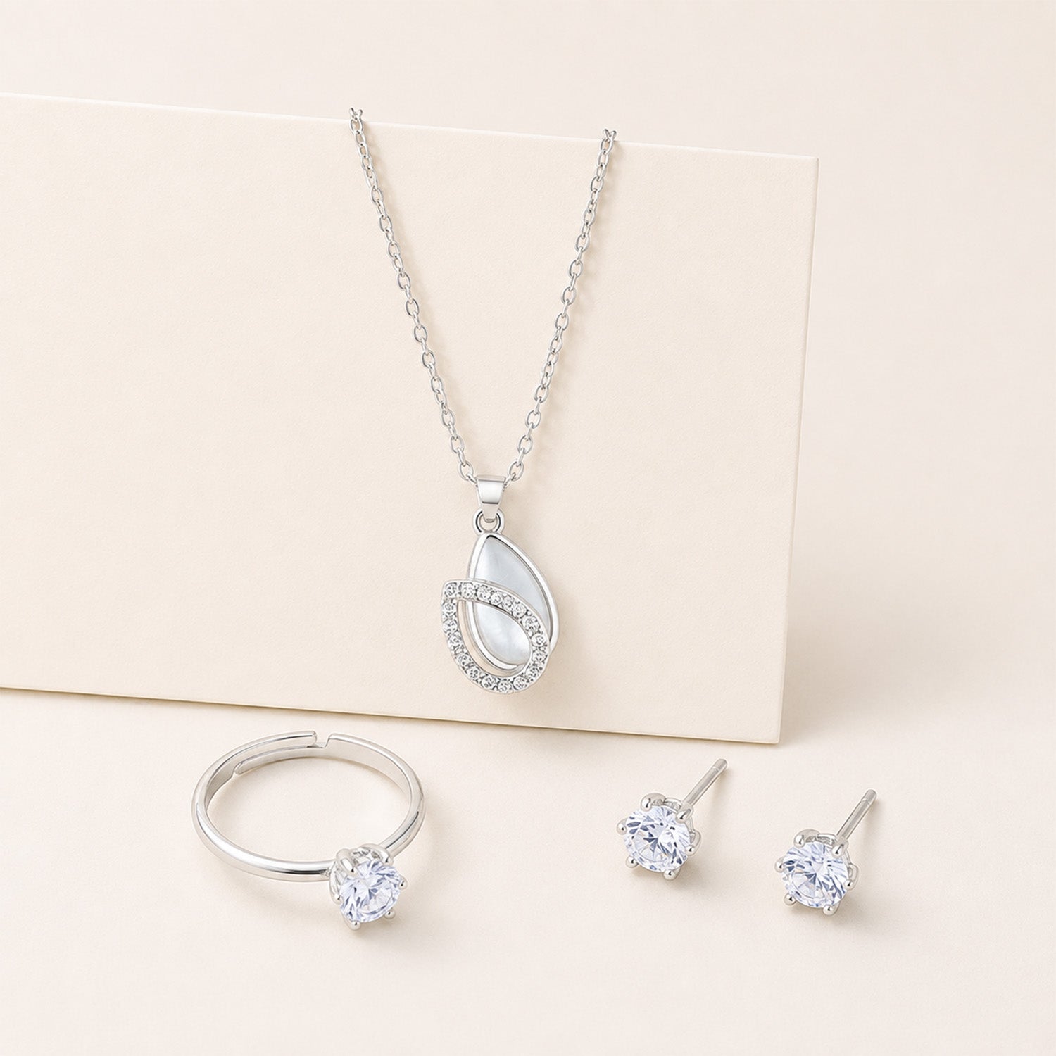 Silver-Tone CZ Stone Necklace Earrings & Ring Jewellery Set for Girls & Women