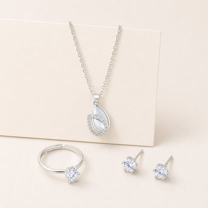 Silver-Tone CZ Stone Necklace Earrings & Ring Jewellery Set for Girls & Women