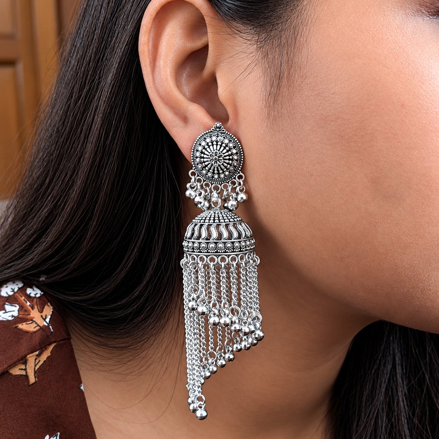 Oxidized Asymmetrical Long Chain Earrings for Girls & Women's