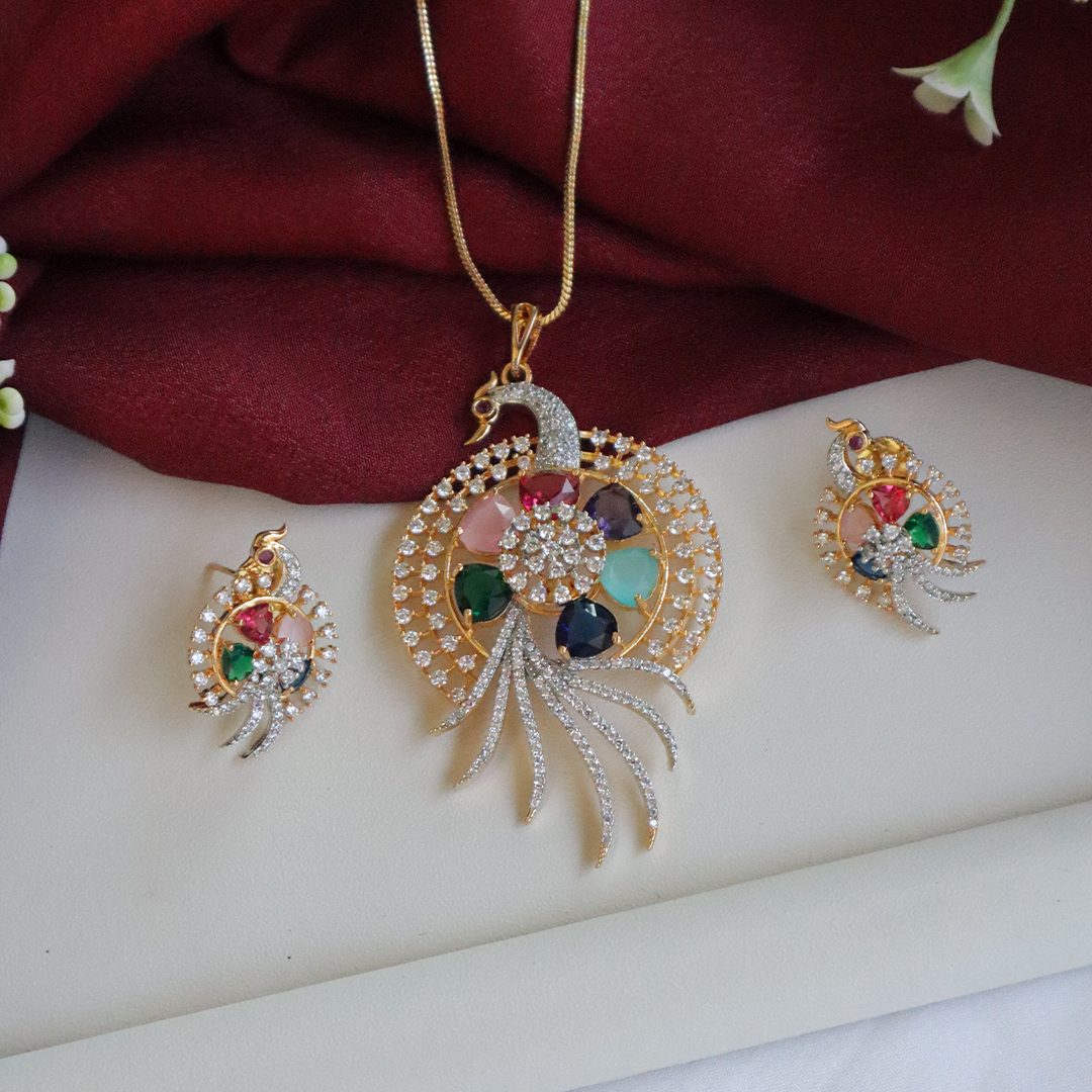Graceful Peacock Sparkle American Diamond Pendant Set
