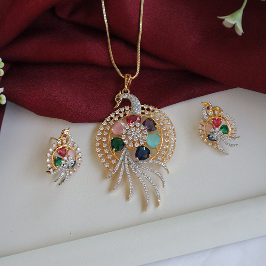Graceful Peacock Sparkle American Diamond Pendant Set