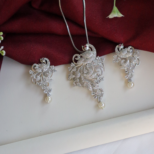 Luminous Peacock Silver American Diamond Jewelry Set