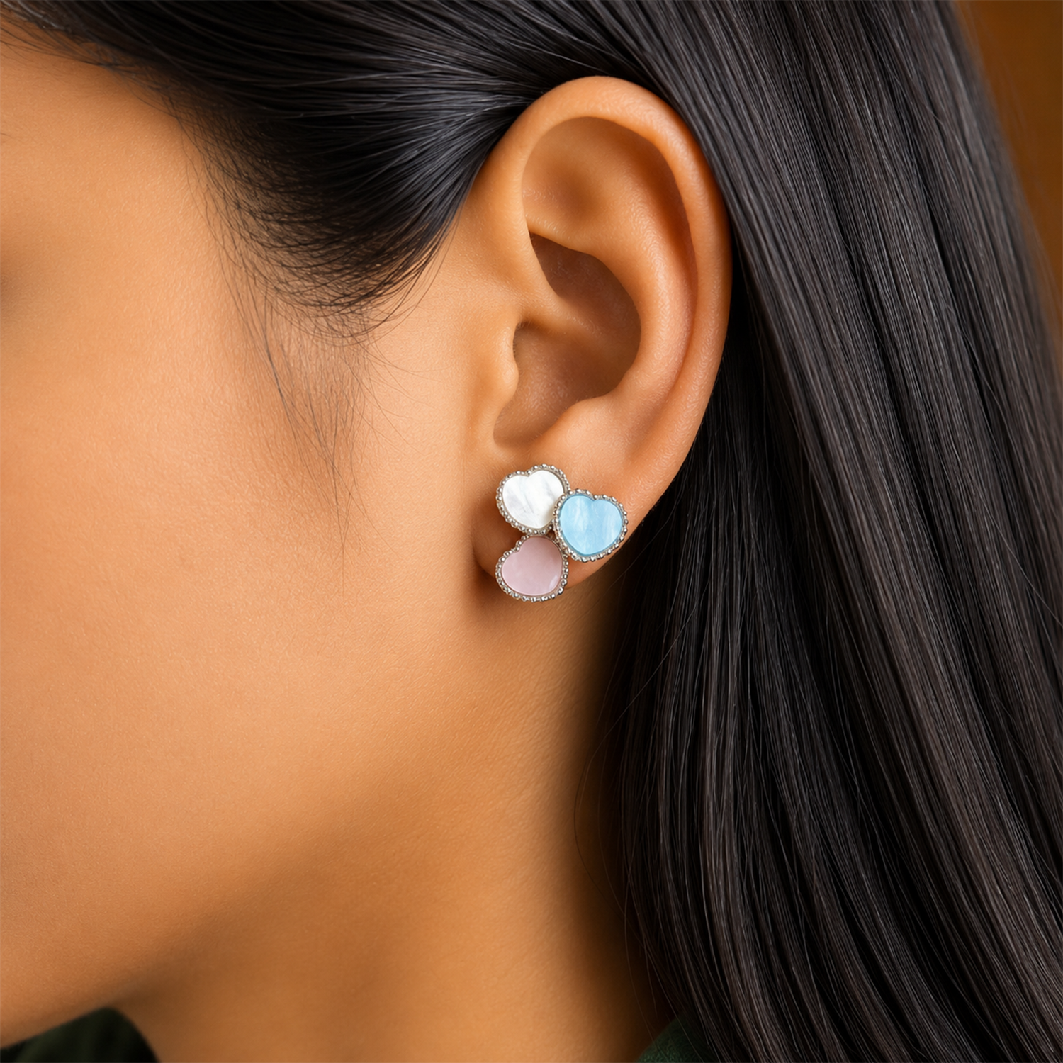Tricolor Triple Heart Stud Earrings For Girls & Women