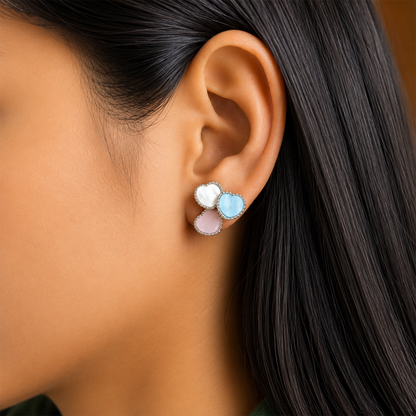 Tricolor Triple Heart Stud Earrings For Girls & Women