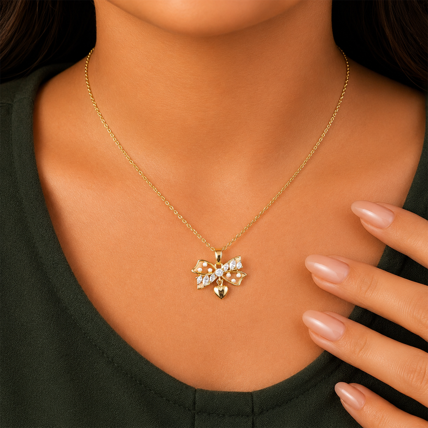 Dangling Heart Pearl Stone Bow Pendant for Girls & Women's
