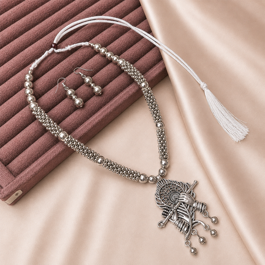 Oxidized Silver Lord Krishna Flute Pendant Set for Girls & Women